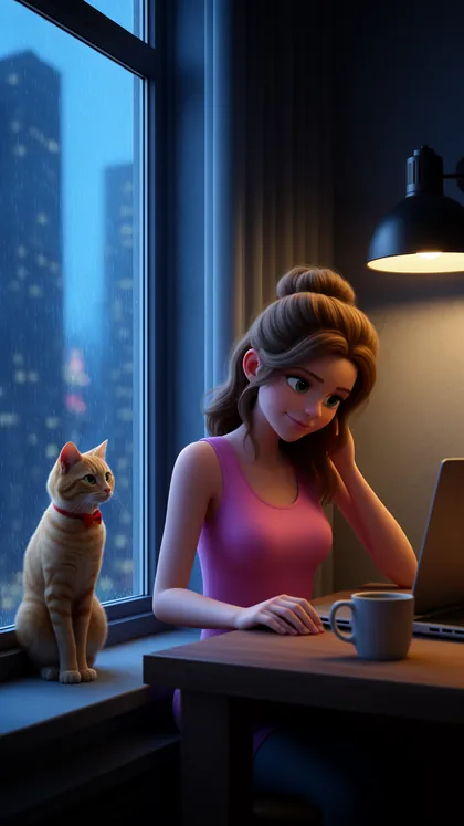 Ella working late in the rainy city with Ginger
